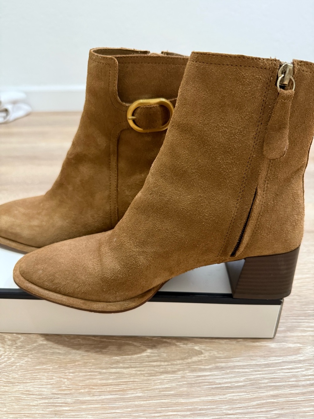 Zara Suede Ankle Boots in brown with Gold Buckle